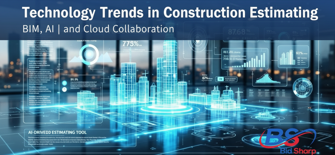 Digital blueprints overlaid with construction cost data, illustrating 5D BIM.