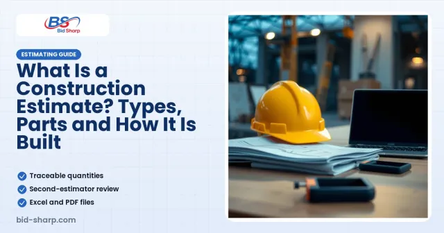 What Is a Construction Estimate? Types, Parts and How It Is Built - Bid Sharp guide cover