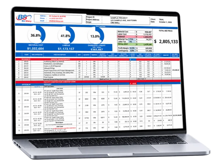 Bid Sharp construction estimate spreadsheet shown on a laptop